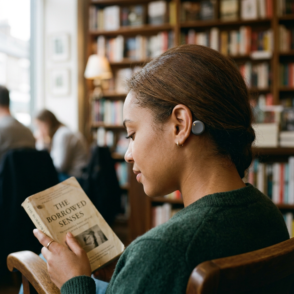 Reader wearing earbuds holds The Borrowed Senses inside a library
